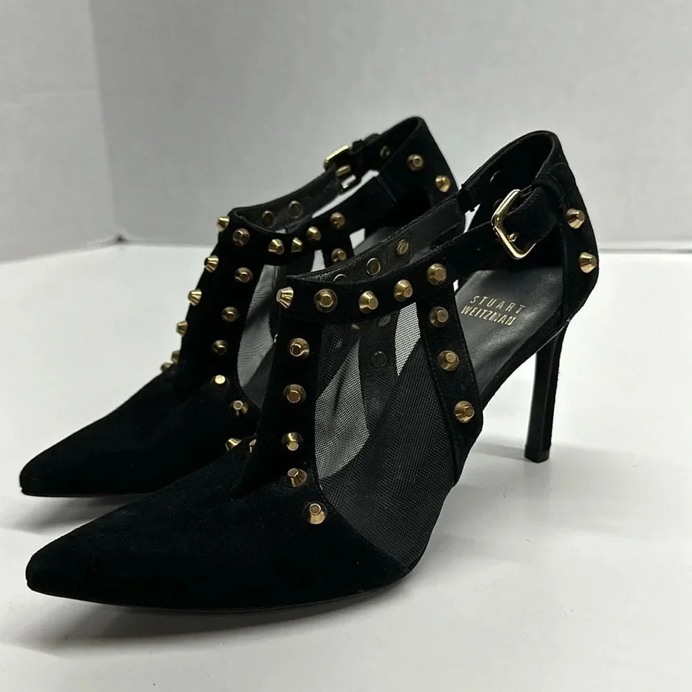 Stuart Weitzman Saunter Studded Suede Ankle Heeled Pumps Heels Black Size 6.5